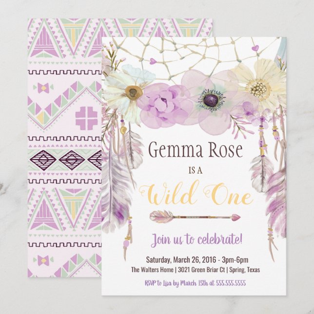Lavender & Purple Boho Wild One First Birthday Invitation (Front/Back)