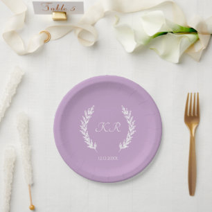 Lavender Purple Botanical Floral Monogram Wedding Paper Plate