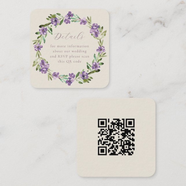 Lavender Purple Botanical Wreath QR Code Wedding  Enclosure Card (Front/Back)