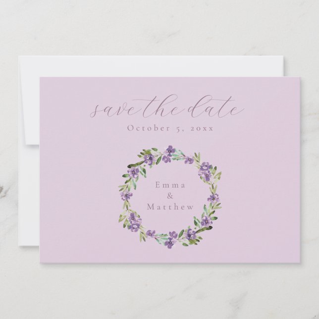 Lavender Purple Botanical Wreath QR Save The Date (Front)