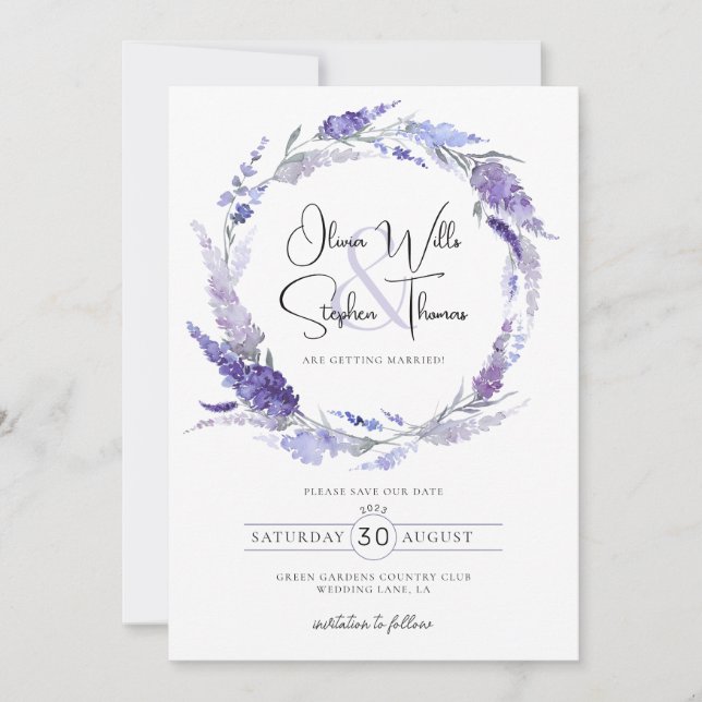 Lavender Purple Botanical Wreath Save The Date Invitation (Front)