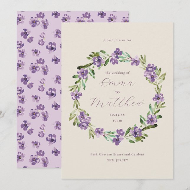 Lavender Purple Botanical Wreath Wedding Invitation (Front/Back)