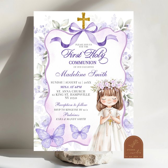 Lavender Purple Bow Coquette First Holy Communion Invitation (Creator Uploaded)