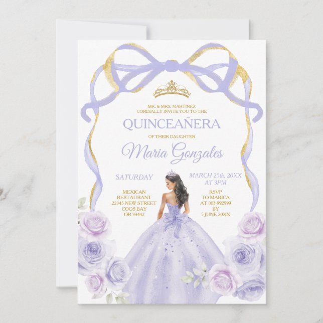 Lavender Purple Bow Princess Gold Quinceañera Invitation (Front)