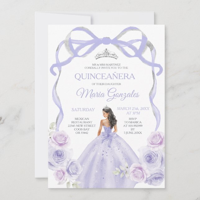 Lavender Purple Bow Princess Silver Quinceañera Invitation (Front)