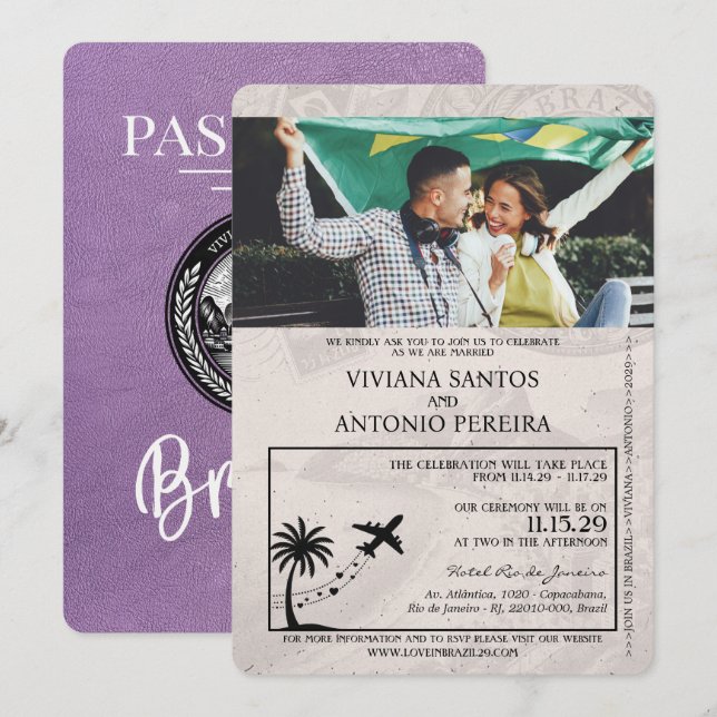 Lavender Purple Brazil Passport Wedding Invitation (Front/Back)