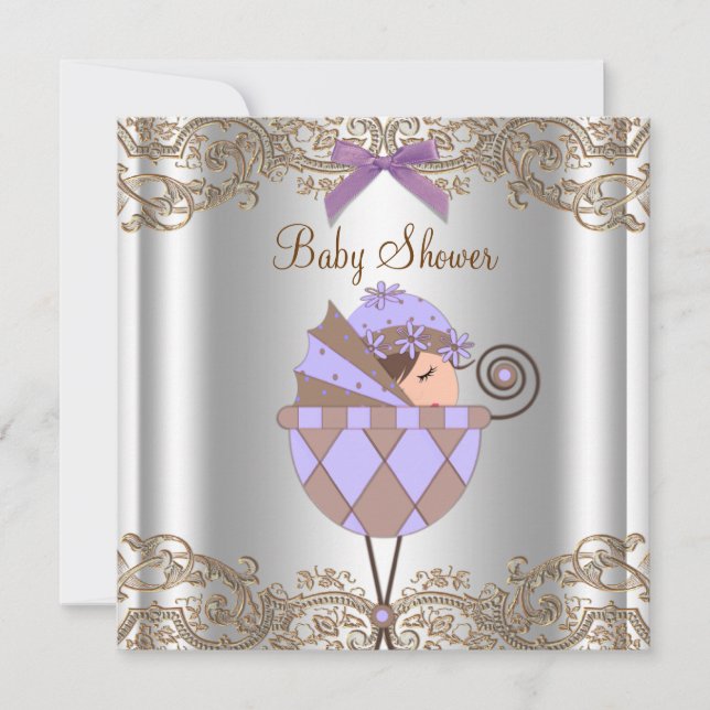 Lavender Purple Brown Lace Girl Baby Shower Invitation (Front)
