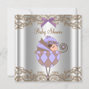 Lavender Purple Brown Lace Girl Baby Shower Invitation