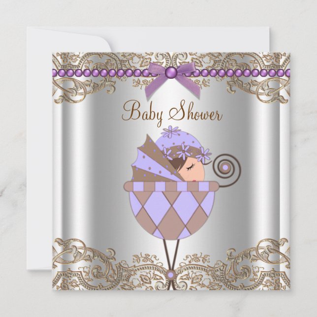 Lavender Purple Brown Lace Girl Baby Shower Invitation (Front)