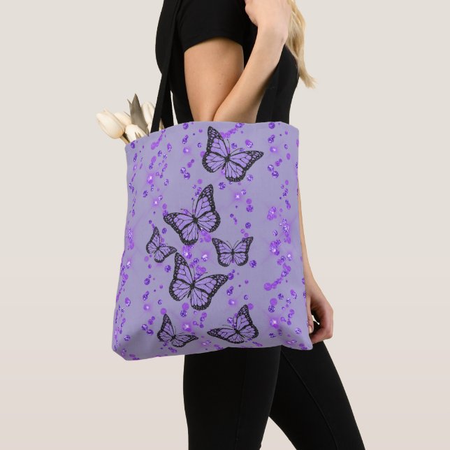 lavender purple butterflies on simulated glitter tote bag (Close Up)