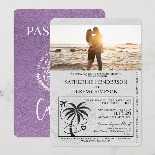 Lavender Purple Cancun Passport Wedding Invitation (Front/Back)