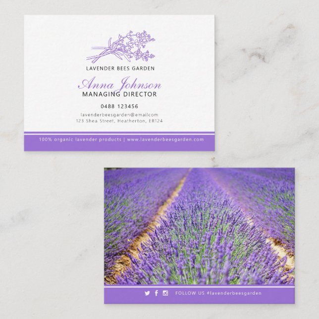Lavender purple company photo custom landscape business card (Front/Back)