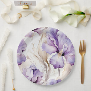 Lavender Purple Cream Iris Flowers Bridal Shower Paper Plate