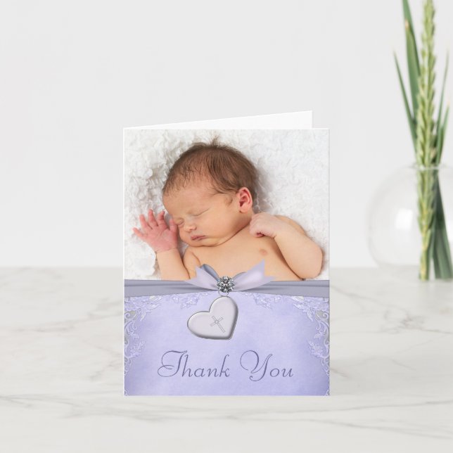Lavender Purple Cross Christening Thank You Cards (Front)