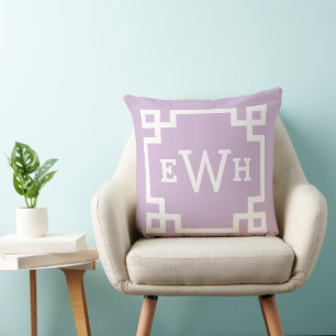Lavender Purple Custom Greek Key Monogram Initials Cushion