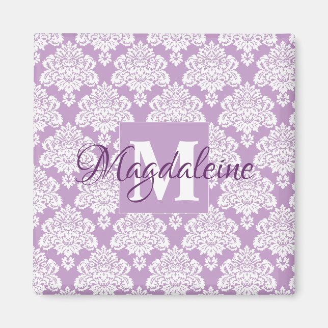 Lavender Purple Damask Monogram with Name Magnet (Front)