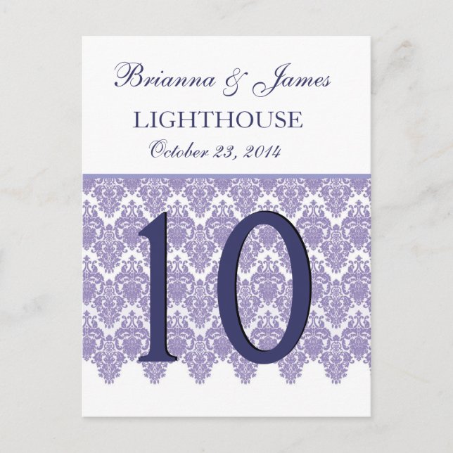 Lavender Purple Damask  Wedding Table Number Card (Front)