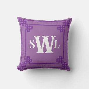 Lavender Purple Double Greek Key Monogram Design Cushion