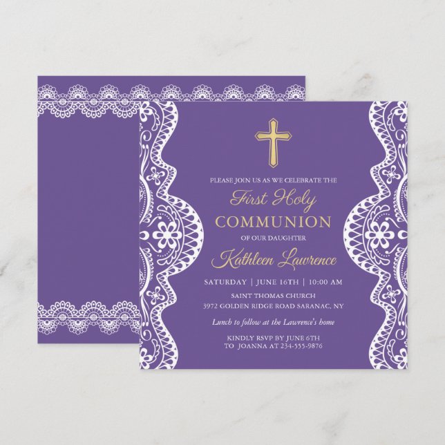 Lavender Purple Elegant Lace First Holy Communion Invitation (Front/Back)
