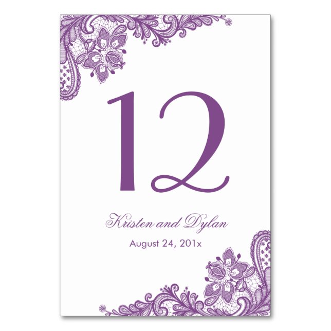 Lavender Purple Elegant Lace Wedding Table Number (Front)