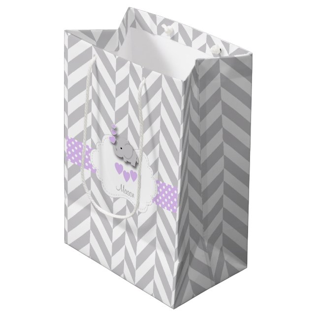 Lavender Purple Elephant Design - Baby Shower Medium Gift Bag (Front Angled)