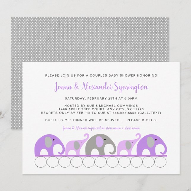 Lavender Purple Elephants Couples girl Baby Shower Invitation (Front/Back)