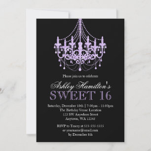 Lavender Purple Faux Glitter Chandelier Sweet 16 Invitation