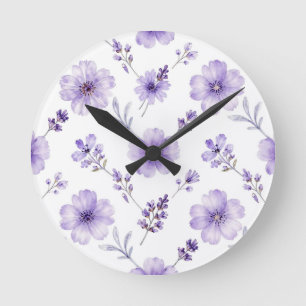 Lavender Purple Flax Flower Watercolor Pattern Round Clock
