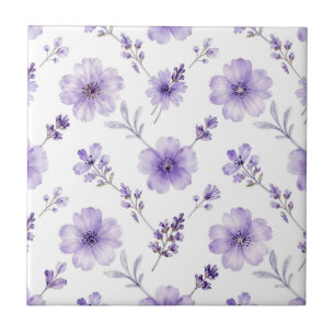 Lavender Purple Flax Flower Watercolor Pattern Tile