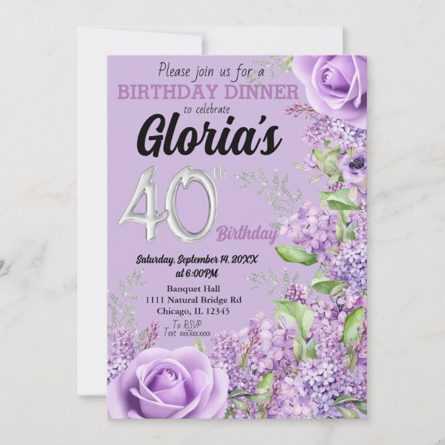 Lavender purple floral 40th birthday invitati invitation (Front)