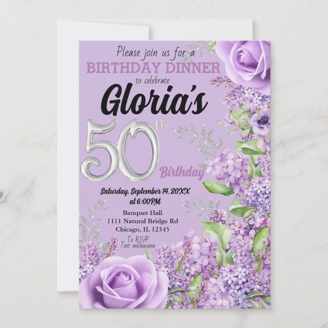 Lavender purple floral 50th birthday invitation  (Front)
