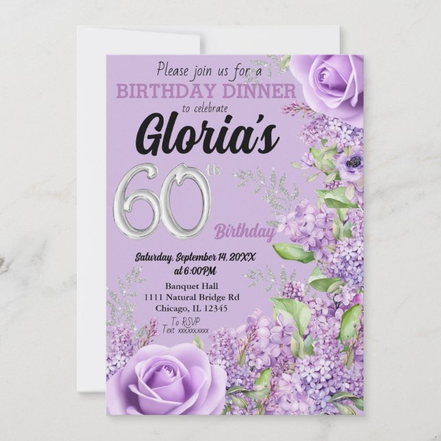 Lavender purple floral 60th birthday invitati invitation (Front)