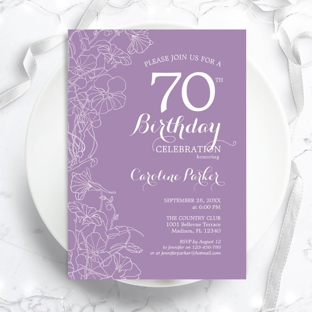 Lavender Purple Floral 70th Birthday Party Invitation (Creator Uploaded)