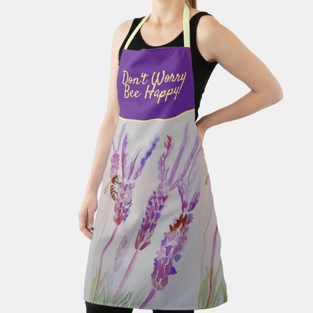 Lavender Purple Floral Art Don't Worry Bee Happy Apron (Insitu)