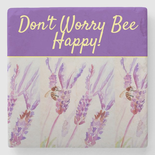 Lavender Purple Floral Art Don't Worry Bee Happy G Stone Coaster (Front)