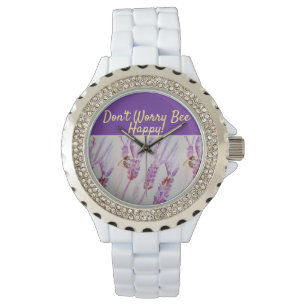 Lavender Purple Floral Art Don't Worry Bee Happy Watch