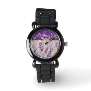 Lavender Purple Floral Art Don't Worry Bee Happy   Watch