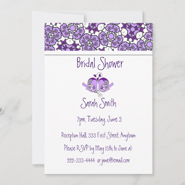 Lavender Purple Floral Birds & Heart Shower Invite (Front)