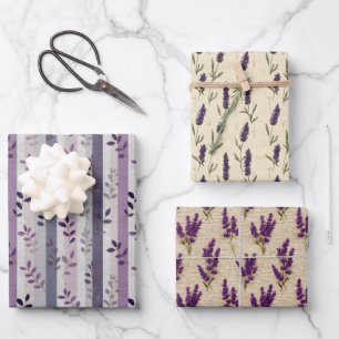 Lavender Purple Floral Botanical Stripes Birthday  Wrapping Paper Sheet