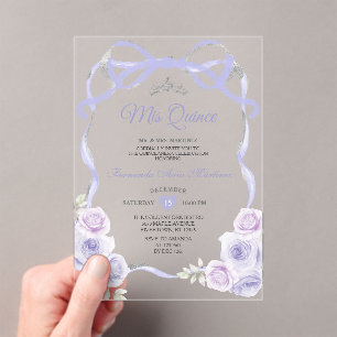 Lavender Purple Floral Bow Frame Silver Mis Quince Acrylic Invitations