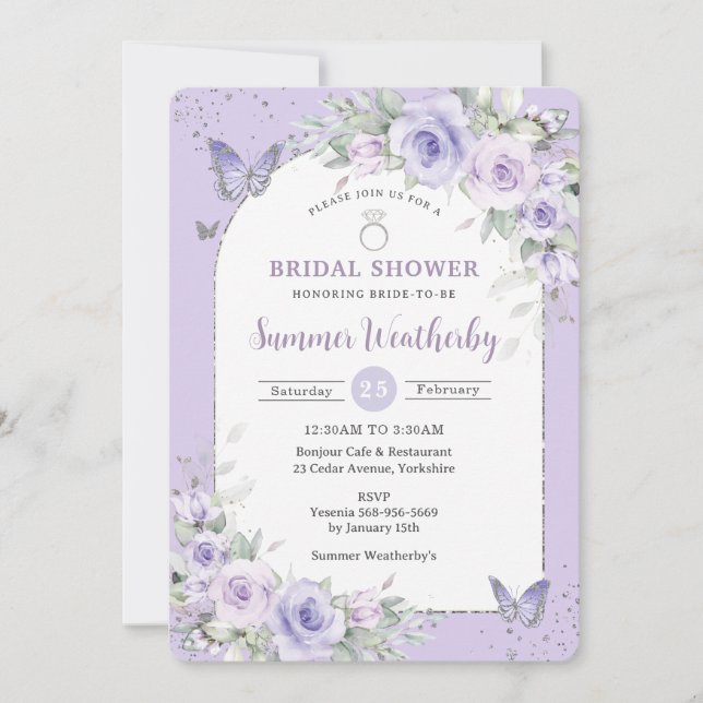 Lavender Purple Floral Butterflies Bridal Shower Invitation (Front)