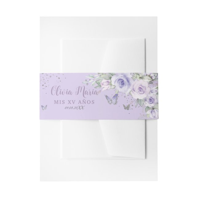 Lavender Purple Floral Butterflies Quince Sweet 16 Invitation Belly Band (Front Example)