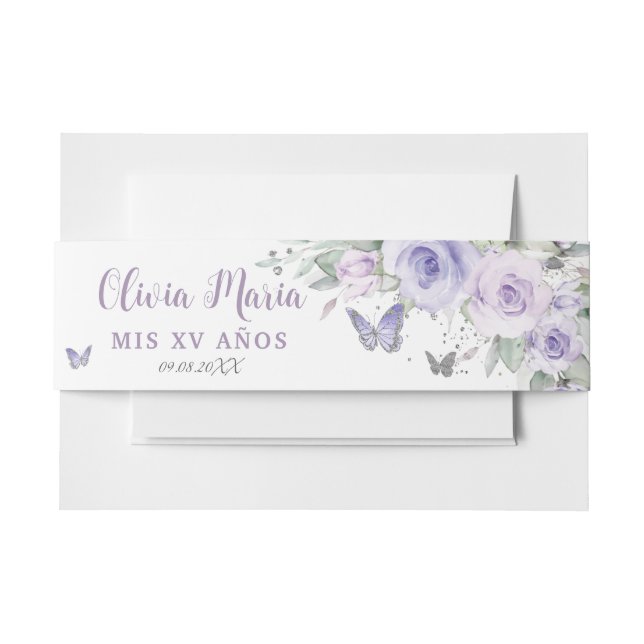 Lavender Purple Floral Butterflies Quince Sweet 16 Invitation Belly Band (Front Example)