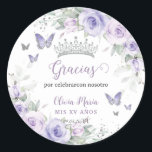 Lavender Purple Floral Butterflies Quinceañera Classic Round Sticker<br><div class="desc">Personalise these pretty floral Quinceañera / Sweet 16 / Cincoañera birthday sticker labels easily and quickly. Simply click the customise it further button to edit the texts, change fonts and fonts colours. Featuring pretty pastel lavender purple flowers, delicate greenery and purple and silver butterflies. Matching items available in store. (c)...</div>