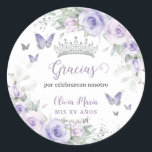 Lavender Purple Floral Butterflies Quinceañera Classic Round Sticker<br><div class="desc">Personalise these pretty floral Quinceañera / Sweet 16 / Cincoañera birthday sticker labels easily and quickly. Simply click the customise it further button to edit the texts, change fonts and fonts colours. Featuring pretty pastel lavender purple flowers, delicate greenery and purple and silver butterflies. Matching items available in store. (c)...</div>