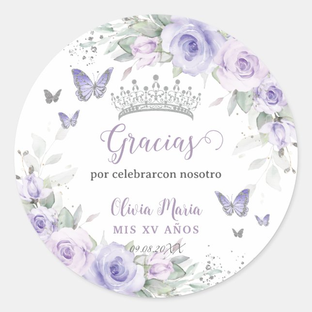 Lavender Purple Floral Butterflies Quinceañera Classic Round Sticker (Front)
