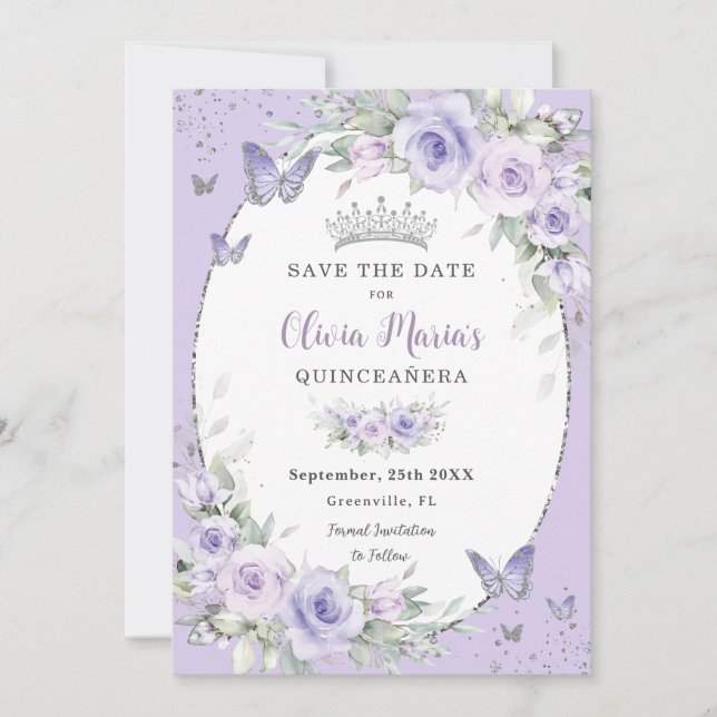 Lavender Purple Floral Butterflies Quinceañera Save The Date (Front)