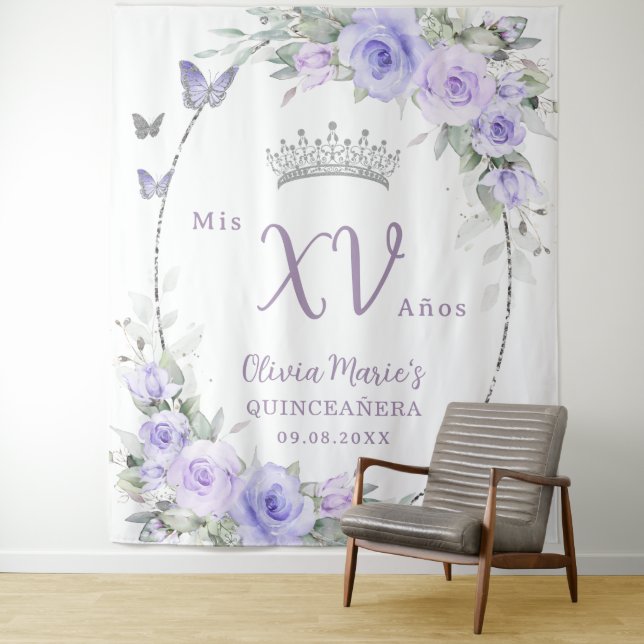 Lavender Purple Floral Butterflies Quinceañera Tapestry (In Situ)
