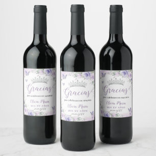 Lavender Purple Floral Butterflies Quinceañera Wine Label