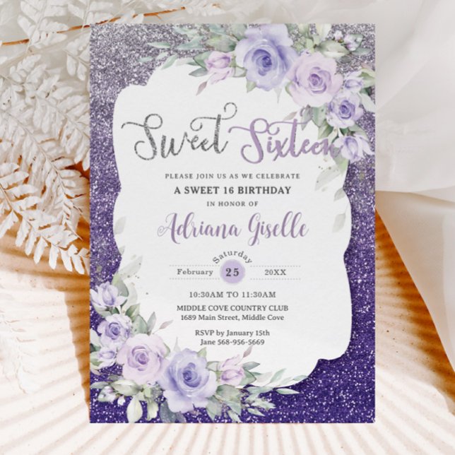 Lavender Purple Floral Butterflies Sweet Sixteen Invitation (Creator Uploaded)